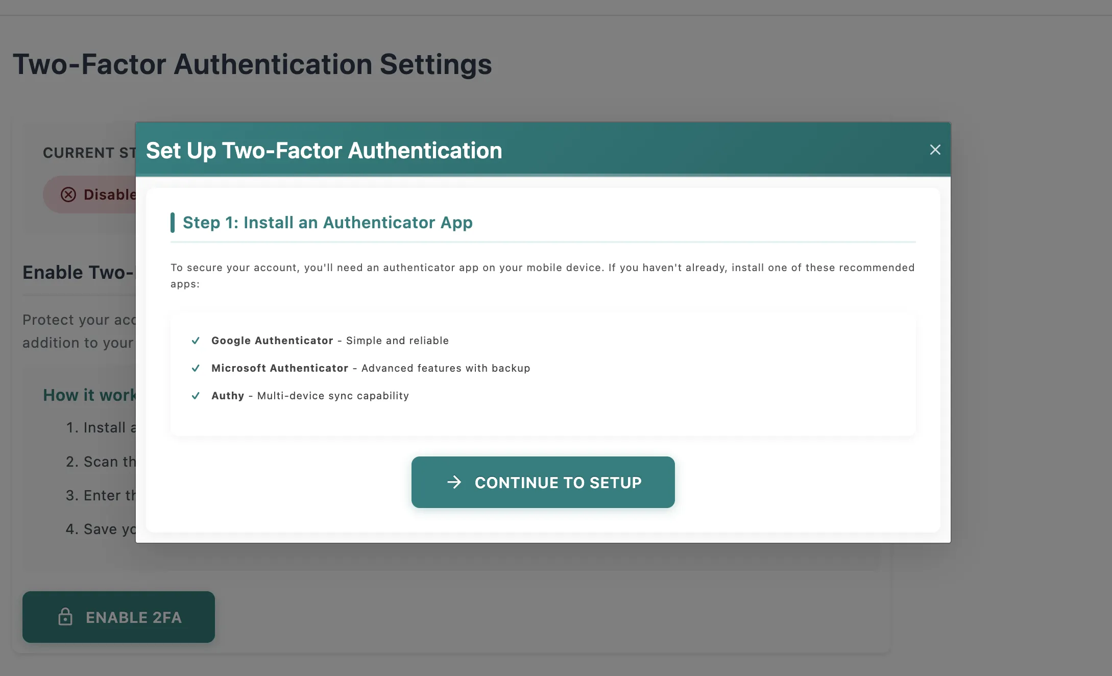 Enterprise security dashboard with two-factor authentication and data protection controls
